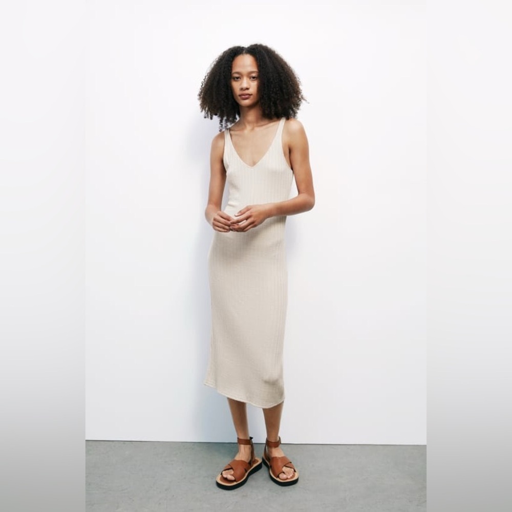 NWT Zara Ribbed Midi Dress in Light Sand, Size Small - Picture 2 of 12